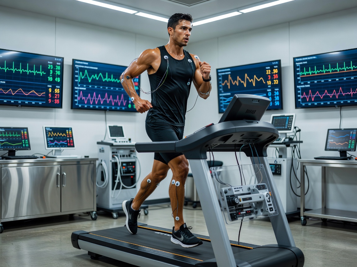 Athlete exercising in a monitored sports physiology setting