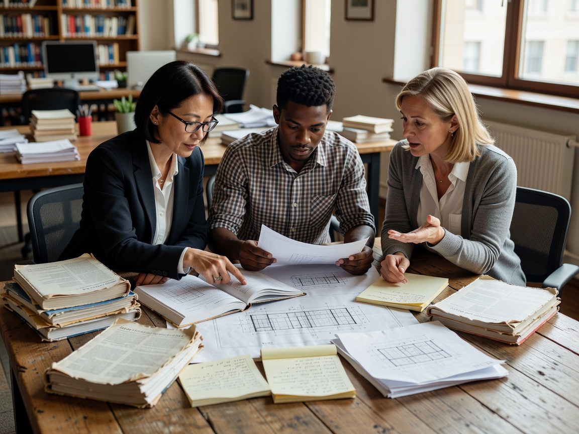 Colleagues discussing research materials at a shared table