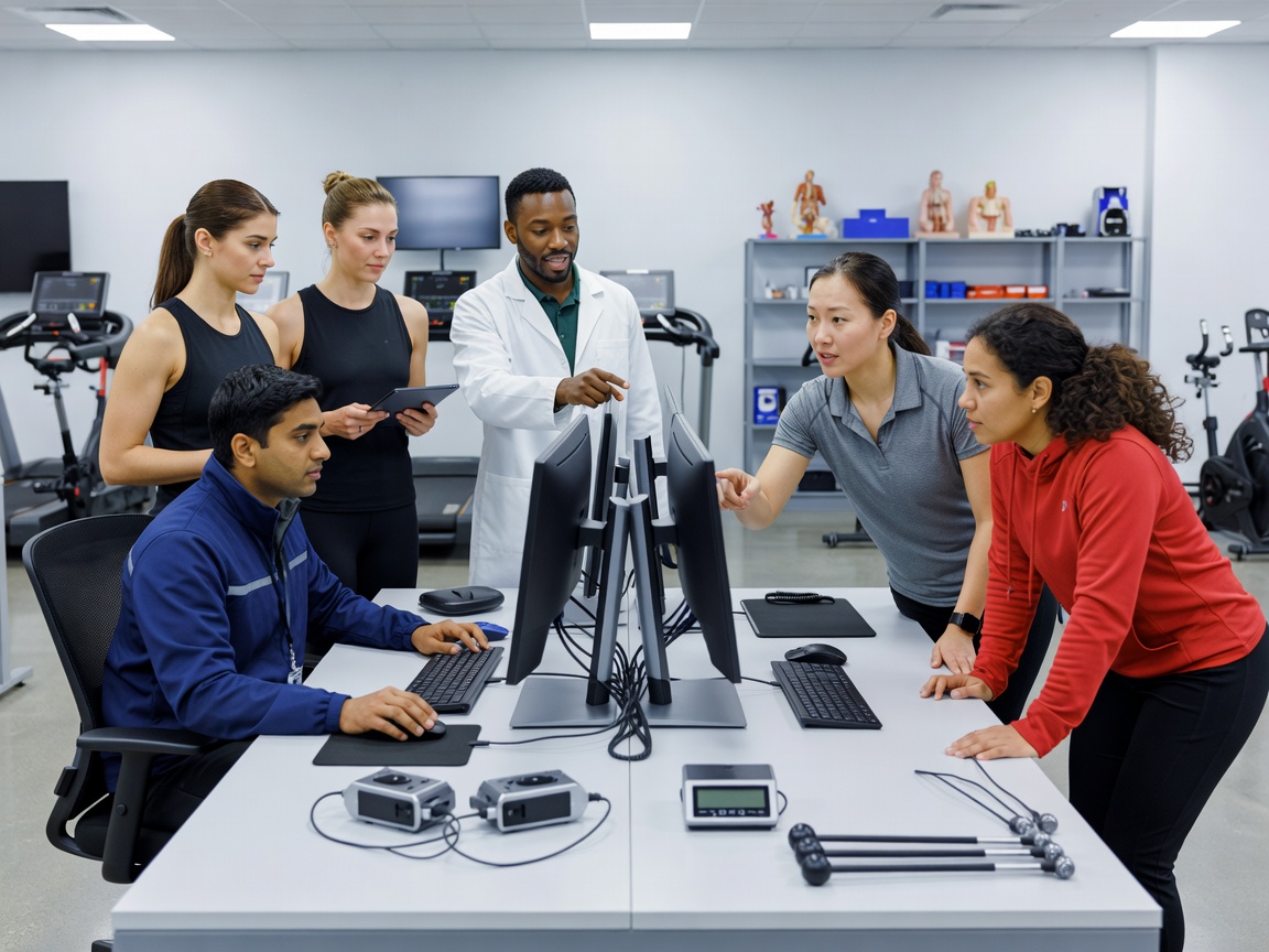Research team collaborating around a workstation, representing interdisciplinary sports science