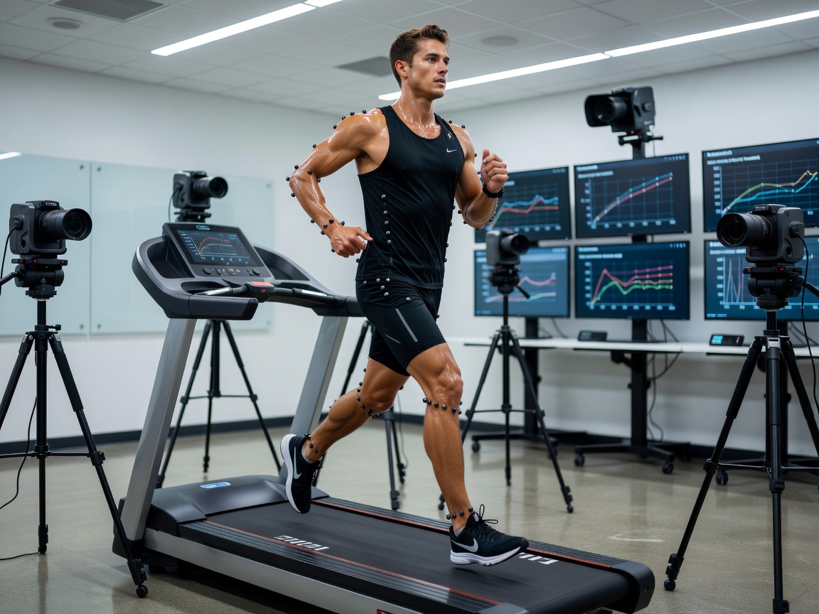Runner training in a performance environment, illustrating movement assessment in a sports science laboratory